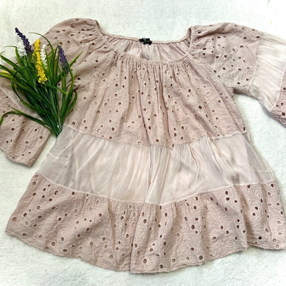 M Made in Italy Silk Eyelet Lace Off Shoulder Blouse - XS